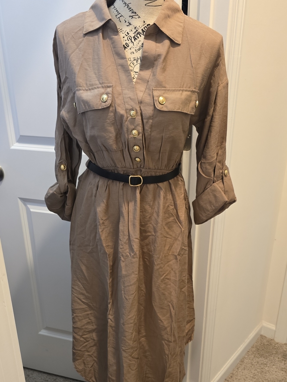 Blu Pepper Tan Utility Shirt Dress with Gold Buttons